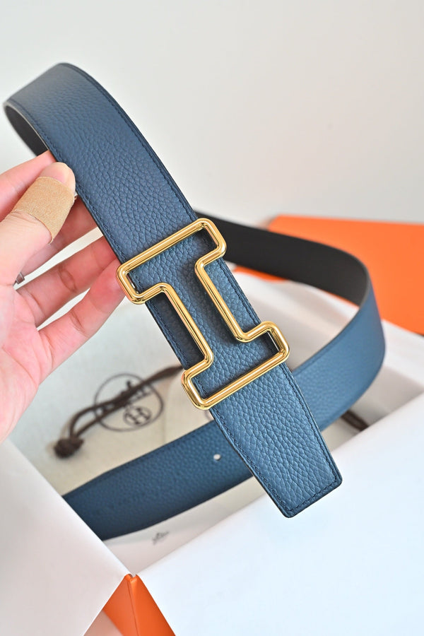 HM 26FW Reversible H Belt 3.8cm Black Blue Grained Leather 220419