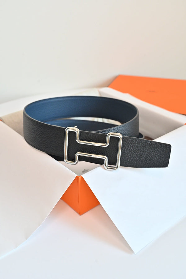 HM 26FW Reversible H Belt 3.8cm Black Blue Grained Leather 220419