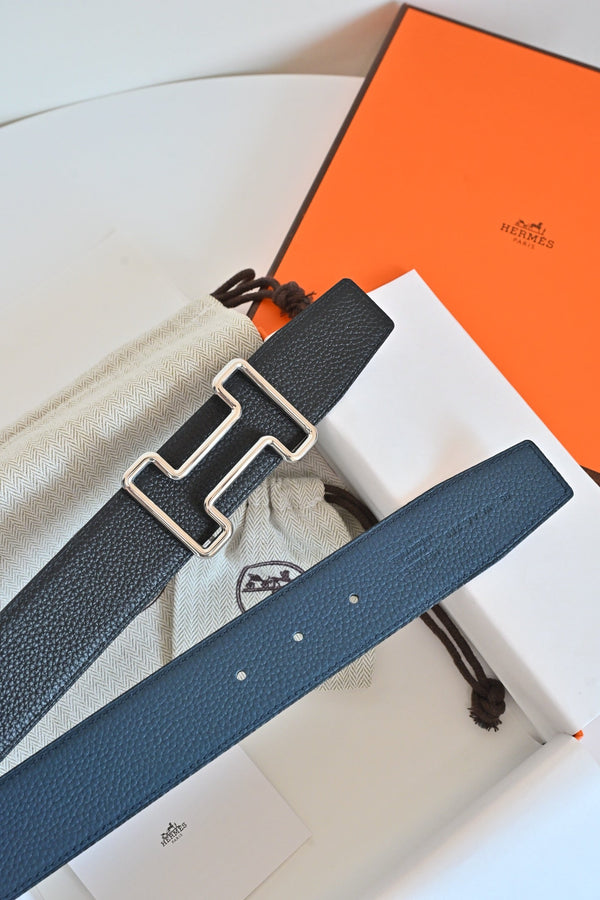 HM 26FW Reversible H Belt 3.8cm Black Blue Grained Leather 220419