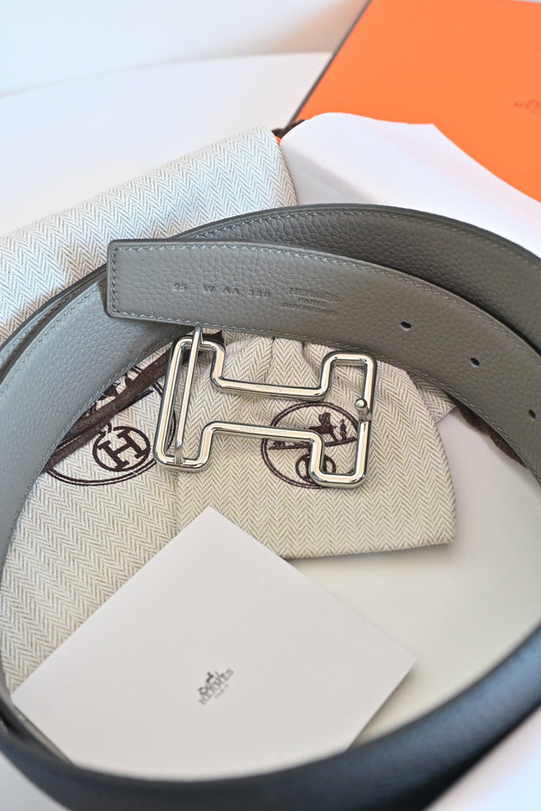 HM 26FW Reversible H Belt 3.8cm Black Rain Cloud Gray Grained Leather 220417
