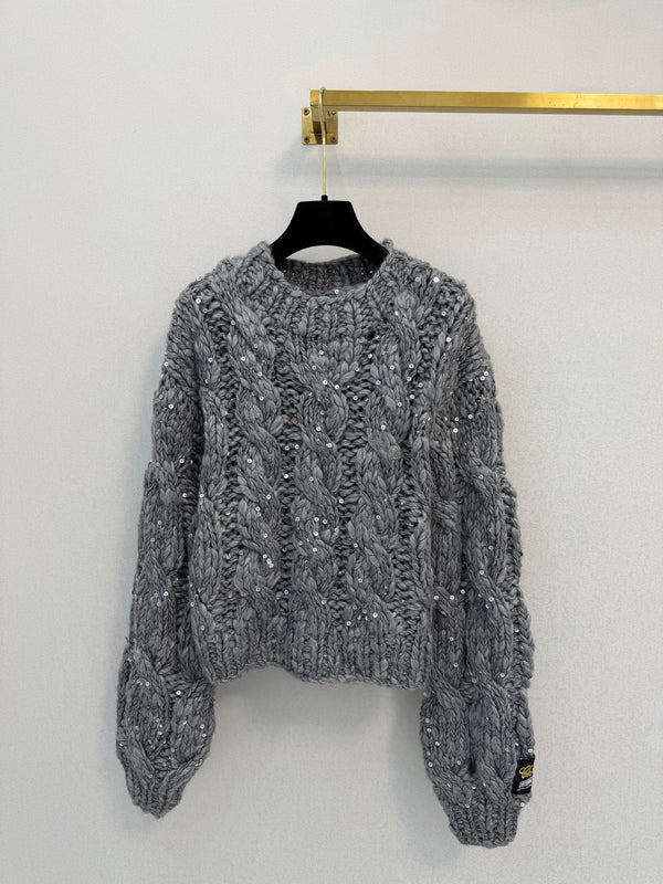 CC Cable-Knit Sweater Sequin Embellishments Oversized Fit Cashmere 451729