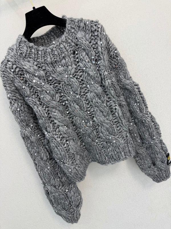 CC Cable-Knit Sweater Sequin Embellishments Oversized Fit Cashmere 451729
