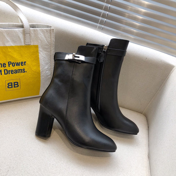 HM Classic Kelly High-Heeled Boots Black Cowhide 546214