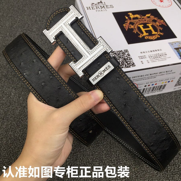 HM Belt 38mm Black Cowhide Leather Sliver Diamond Buckle 619512