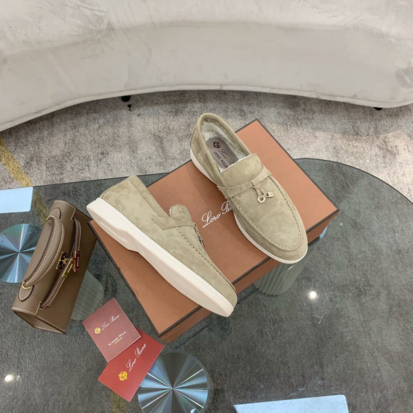LP 26s Open Walk Loafers 2cm Khaki Suede Shearling GHW 110790