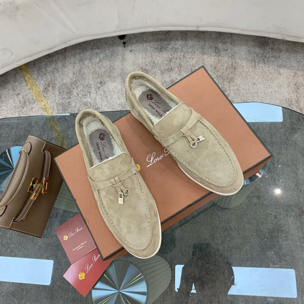 LP 26s Open Walk Loafers 2cm Khaki Suede Shearling GHW 110790