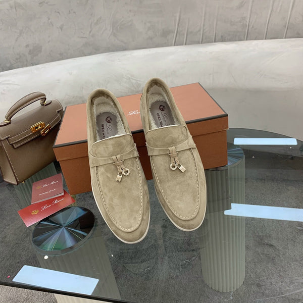 LP 26s Open Walk Loafers 2cm Khaki Suede Shearling GHW 110790