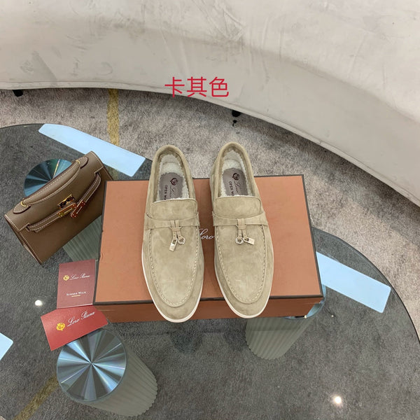 LP 26s Open Walk Loafers 2cm Khaki Suede Shearling GHW 110790