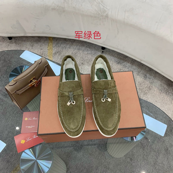 LP 26s Open Walk Loafers 2cm Olive Green Suede Shearling SHW 110783