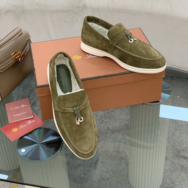 LP 26s Open Walk Loafers 2cm Olive Green Suede Shearling SHW 110783