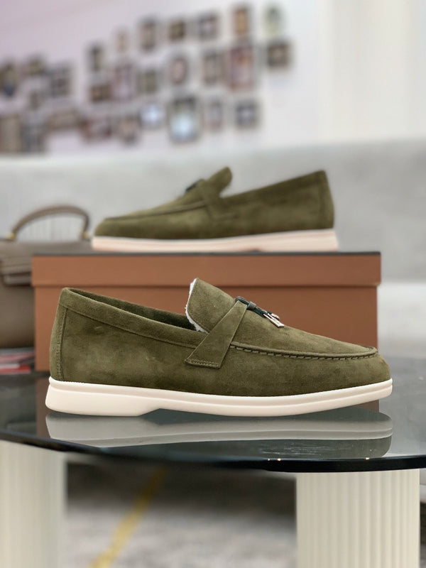 LP 26s Open Walk Loafers 2cm Olive Green Suede Shearling SHW 110783