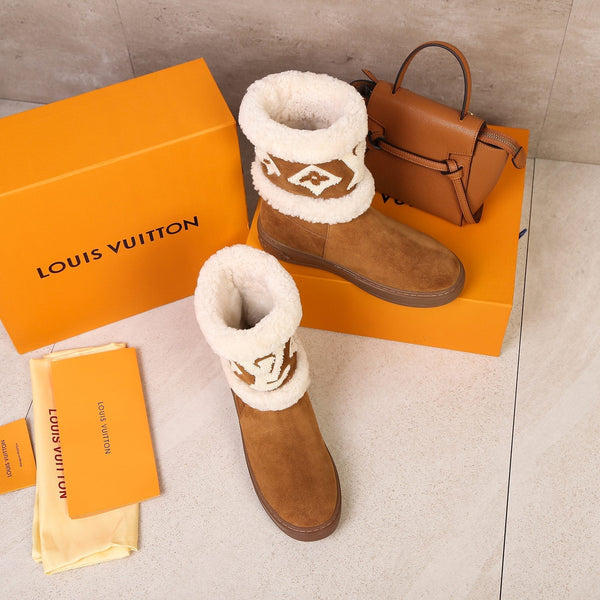 LV Snowdrop Line Ankle Boots Brown White Suede Wool 454719