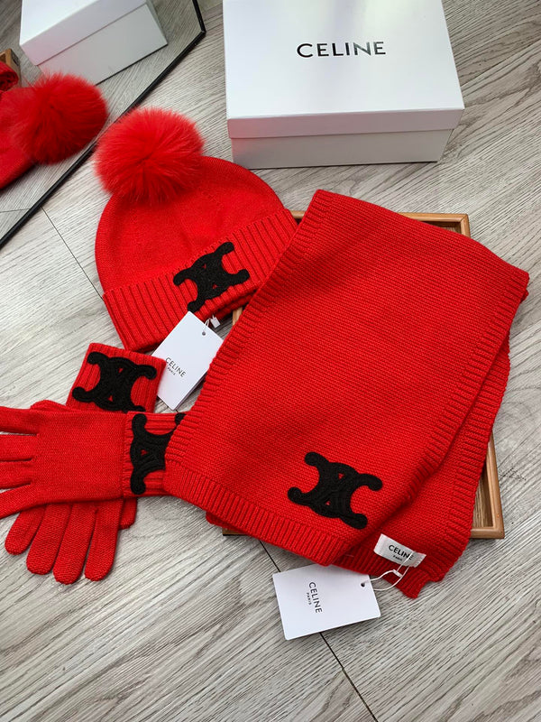 CE Hat Scarf Gloves Set Red Knit Fur 475093