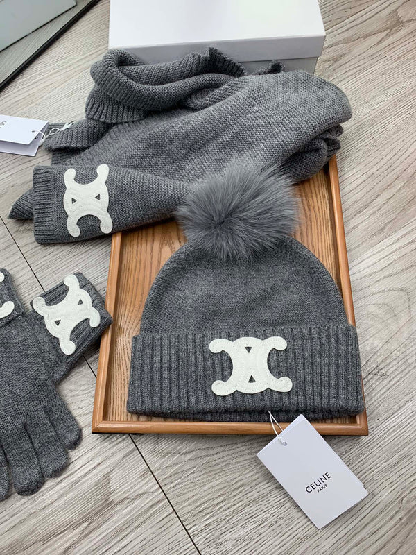 CE Hat Scarf Gloves Set Gray Knit Fur 475092