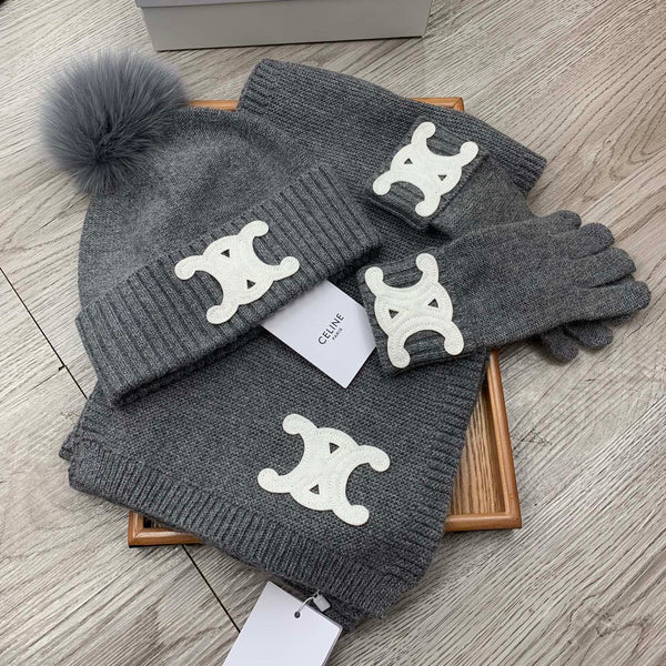 CE Hat Scarf Gloves Set Gray Knit Fur 475092