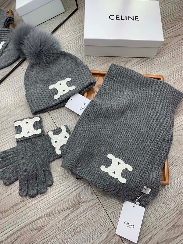 CE Hat Scarf Gloves Set Gray Knit Fur 475092
