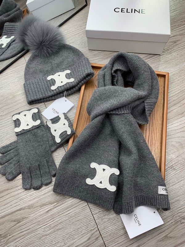 CE Hat Scarf Gloves Set Gray Knit Fur 475092