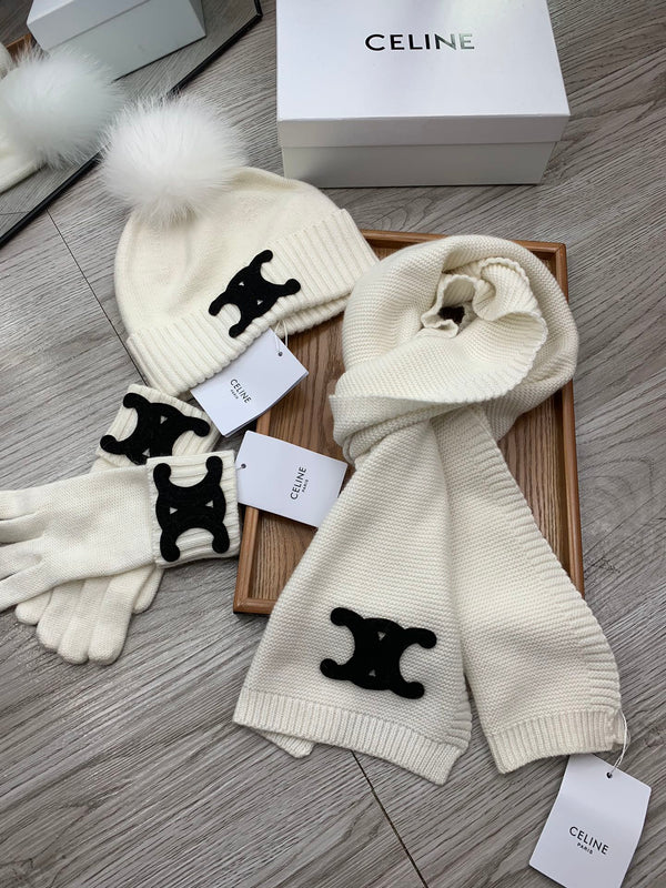 CE Hat Scarf Gloves Set White Knit Fur 475090
