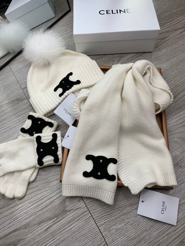 CE Hat Scarf Gloves Set White Knit Fur 475090