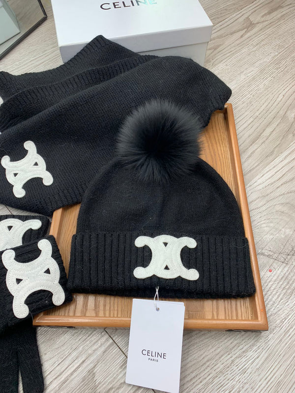 CE Hat Scarf Gloves Set Black Knit Fur 475089