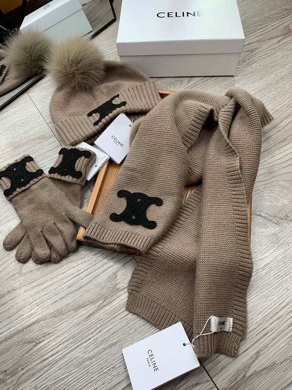 CE Hat Scarf Gloves Set Khaki Knit Fur 475088