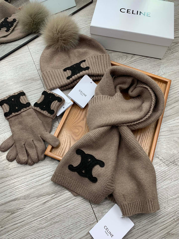 CE Hat Scarf Gloves Set Khaki Knit Fur 475088