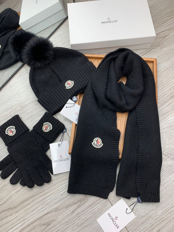 Moncler Hat Scarf Gloves Set Black Knit Fur 475098