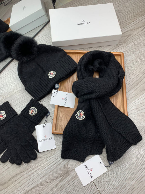 Moncler Hat Scarf Gloves Set Black Knit Fur 475098
