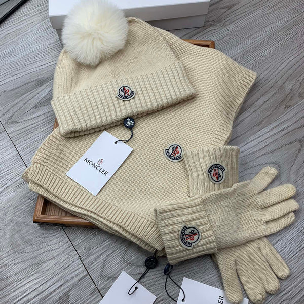 Moncler Hat Scarf Gloves Set Light Beige Knit Fur 475095
