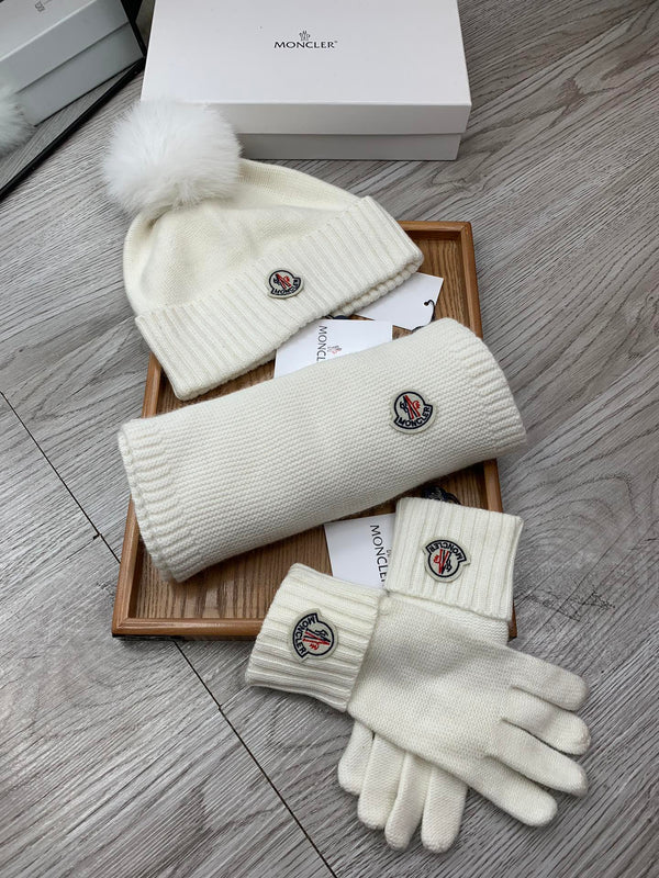 Moncler Hat Scarf Gloves Set White Knit Fur 475096