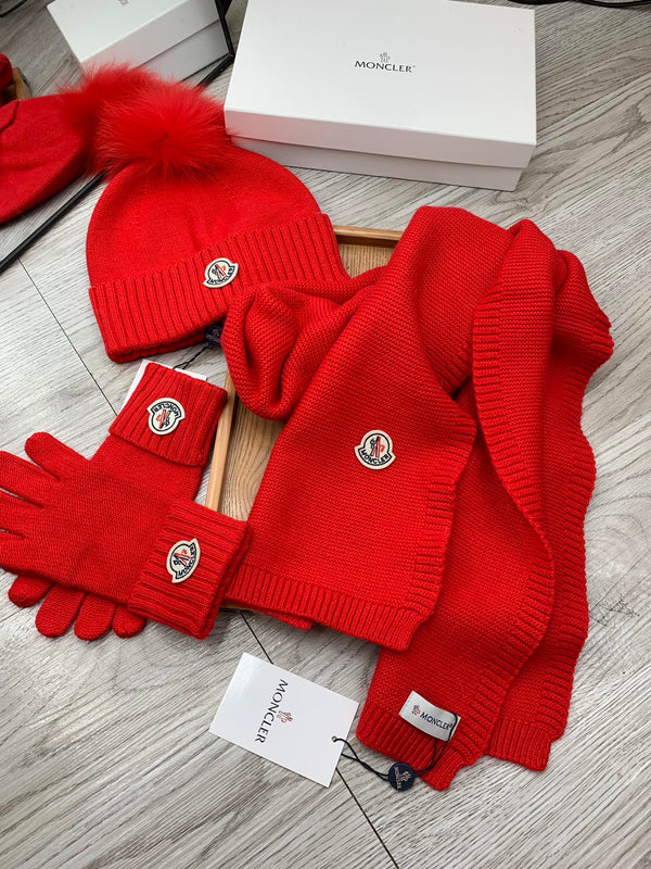 Moncler Hat Scarf Gloves Set Red Knit Fur 475094