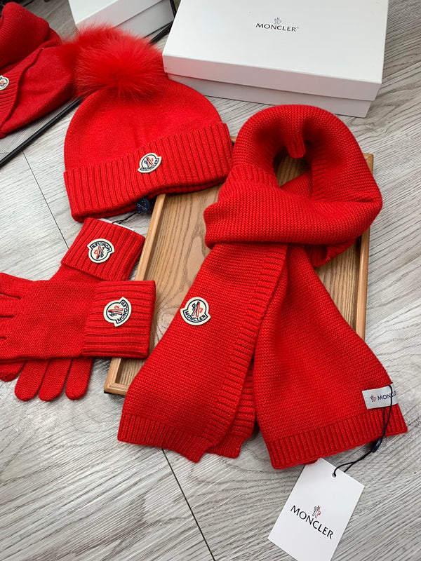 Moncler Hat Scarf Gloves Set Red Knit Fur 475094