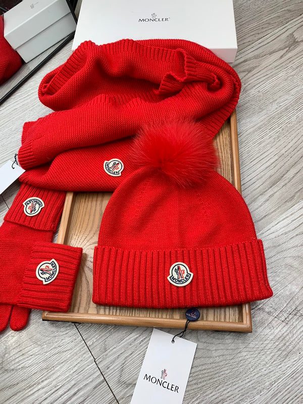 Moncler Hat Scarf Gloves Set Red Knit Fur 475094