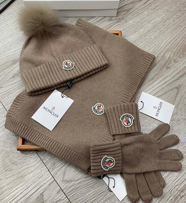Moncler Hat Scarf Gloves Set Brown Knit Fur 475097
