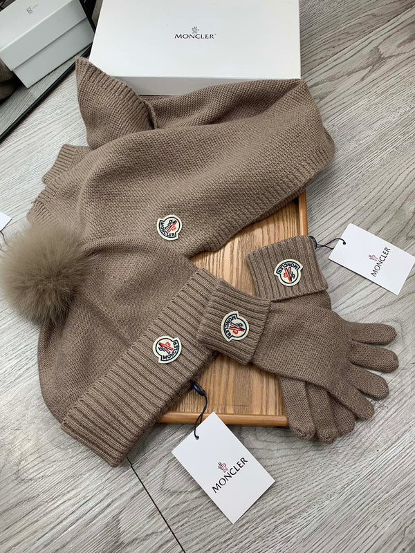 Moncler Hat Scarf Gloves Set Brown Knit Fur 475097