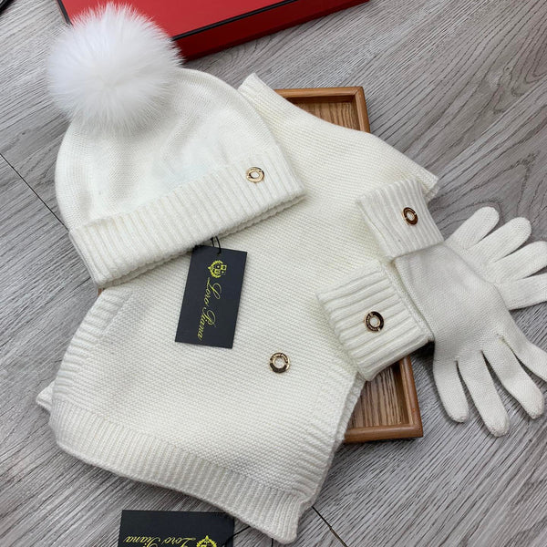 LP Hat Scarf Gloves Set White Knit Fur 475087