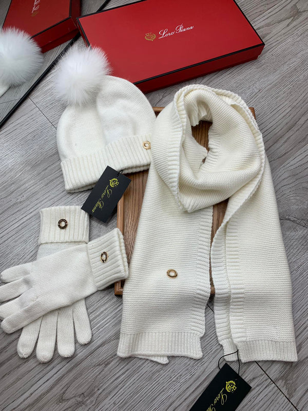 LP Hat Scarf Gloves Set White Knit Fur 475087