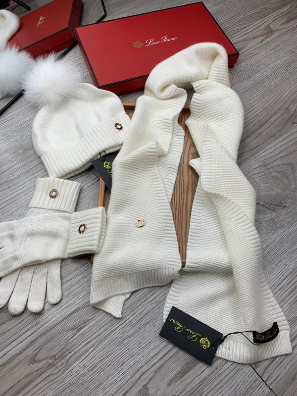 LP Hat Scarf Gloves Set White Knit Fur 475087