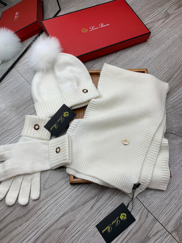 LP Hat Scarf Gloves Set White Knit Fur 475087