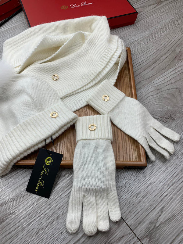 LP Hat Scarf Gloves Set White Knit Fur 475087