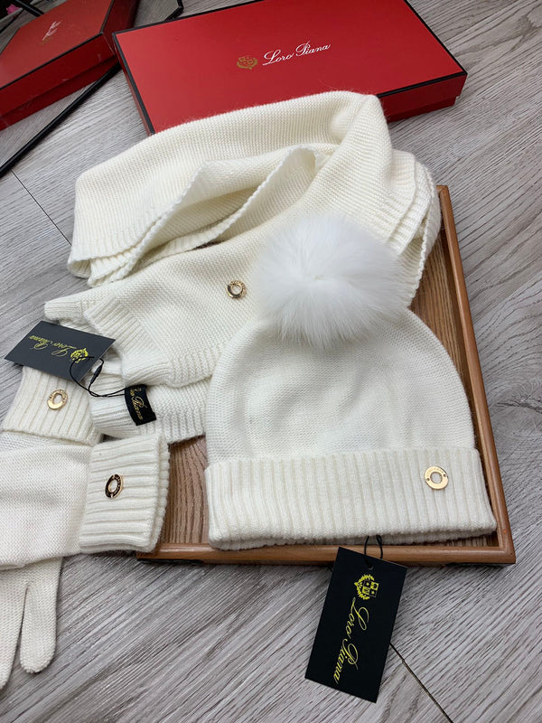 LP Hat Scarf Gloves Set White Knit Fur 475087
