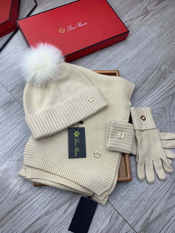 LP Hat Scarf Gloves Set Light Beige Knit Fur 475084
