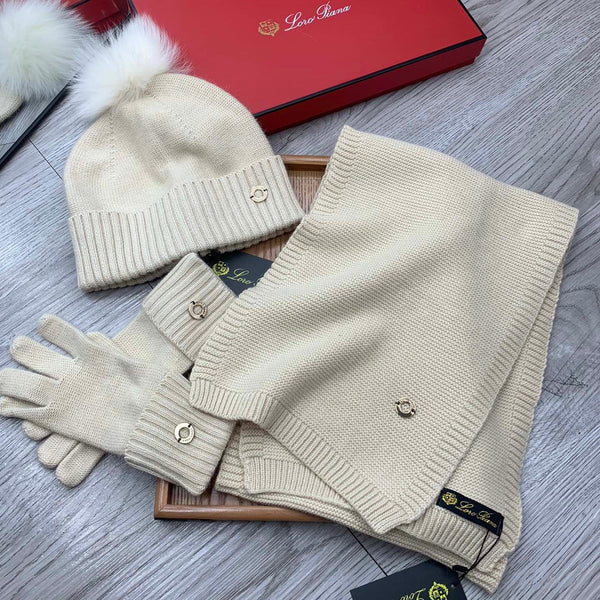 LP Hat Scarf Gloves Set Light Beige Knit Fur 475084
