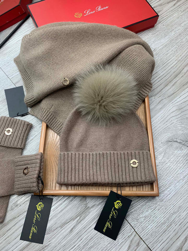 LP Hat Scarf Gloves Set Khaki Knit Fur 475083