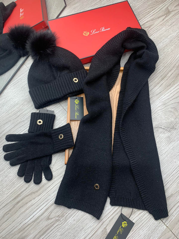 LP Hat Scarf Gloves Set Black Knit Fur 475082