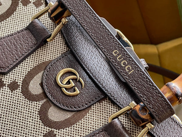 GG DIANA 27 MINI TOTE BAG IN BEIGE CANVAS AND BROWN CALFSKIN