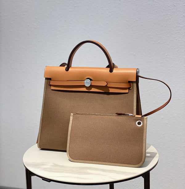 Herbag 31 Toile Brown Canvas Gold Cowhide Leather