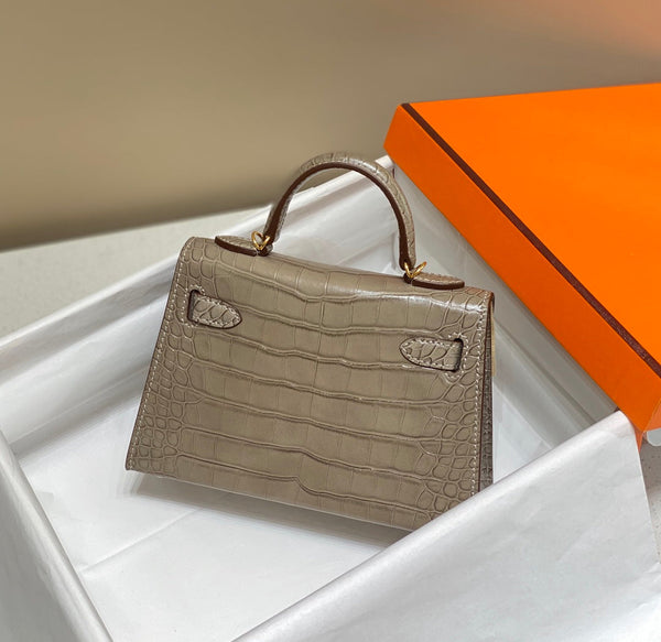 HM 25s Mini Kelly 19 Cm Brown Mocha Embossed Crocodile Gold Hardware (Need Pre Order)