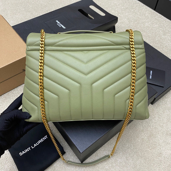 LOULOU MEDIUM 32 KHAKI GREEN QUILTED LEATHER GOLD HARDWARE