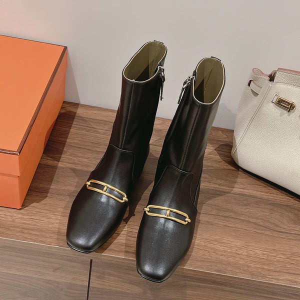 HM 26S Dora Gold Buckle Ankle Boots 2cm Black Leather